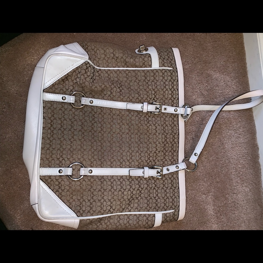 Tan Coach tote bag with white leather trim